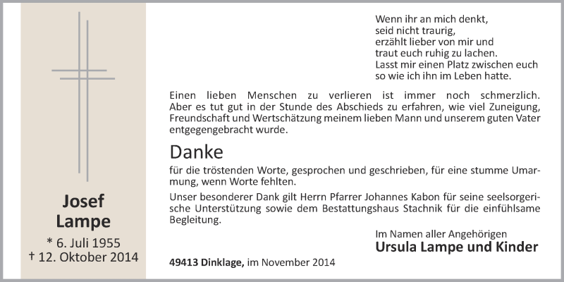  Traueranzeige für Josef Lampe vom 14.10.2014 aus OM-Medien